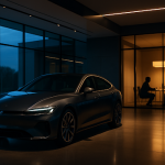 sleek car in modern setting beside illuminated office