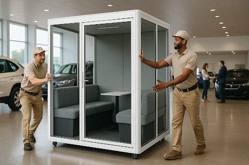 Two workers move a glass office booth indoors.