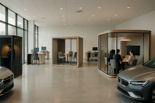 modern car dealership with consultation pods and cars