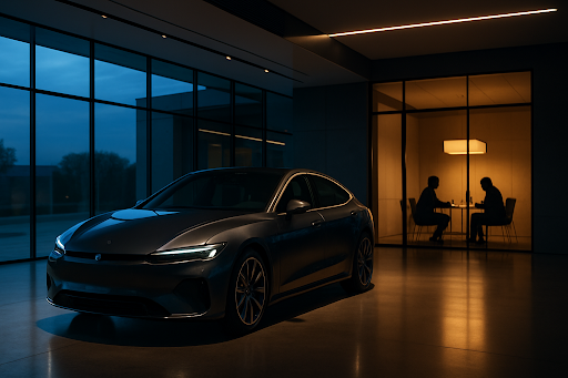 sleek car in modern setting beside illuminated office