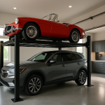 Two cars in a modern garage with hydraulic lift.