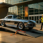 Classic car being unloaded from a trailer