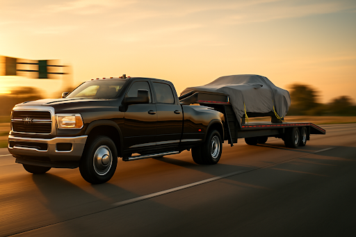 Pickup truck towing a covered car at sunset