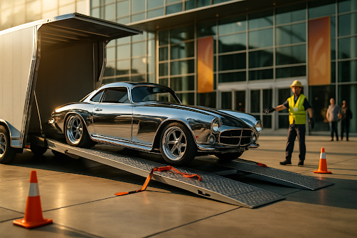 Classic car being unloaded from a trailer