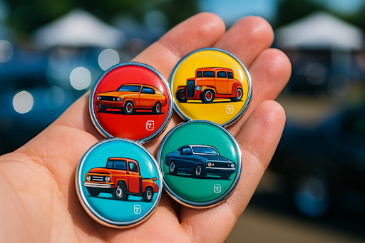 Hand holding four colorful car-themed pins