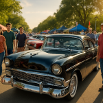 Classic car showcased at vibrant outdoor festival with onlookers.