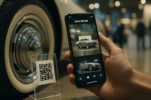 smartphone scanning QR code on car display