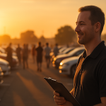 Event organizer looking at a classic car show at sunset.
