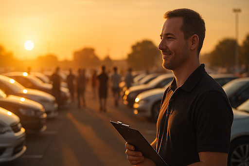 Event organizer looking at a classic car show at sunset.