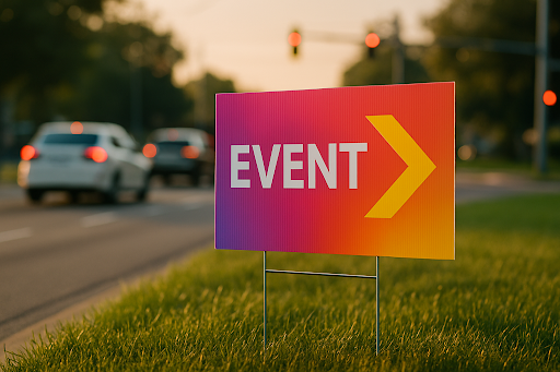 Directional event sign on grass with an arrow pointing the way.
