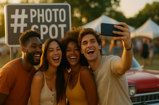 Group of friends taking a selfie at a festival photo spot.