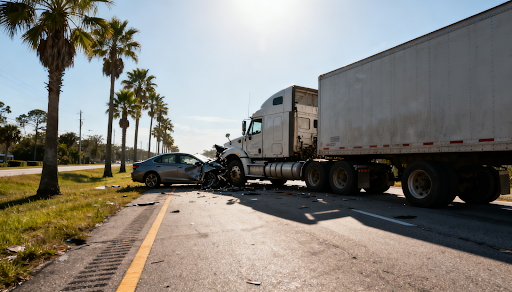 Big rig truck and passenger car collision on a Florida roadway illustrating truck accident safety risks in Tampa
