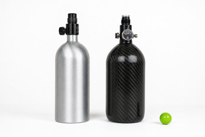 Paintball gas systems comparing CO2 and HPA tanks