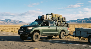 Custom truck loaded for a road trip with camping gear before hitting the open highway