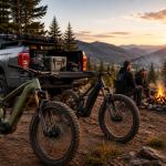 Off-road e-bike loaded in a truck bed for truck camping and overlanding adventures