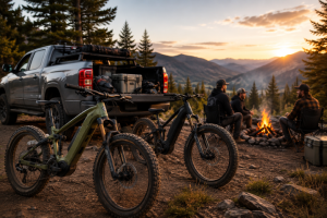 Off-road e-bike loaded in a truck bed for truck camping and overlanding adventures