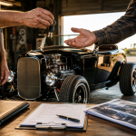 Custom hot rod owner presenting documentation when selling a custom build