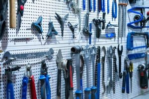 Organized garage workspace with tools stored within easy reach
