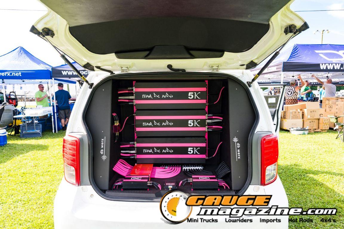 Car audio competitors demonstrate custom sound systems during Slamology 2026 Audio