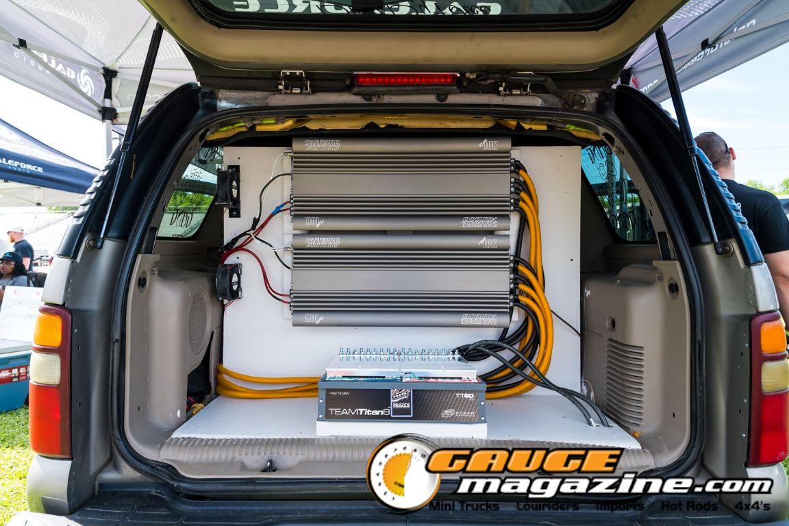 Car audio competitors demonstrate custom sound systems during Slamology 2026 Audio