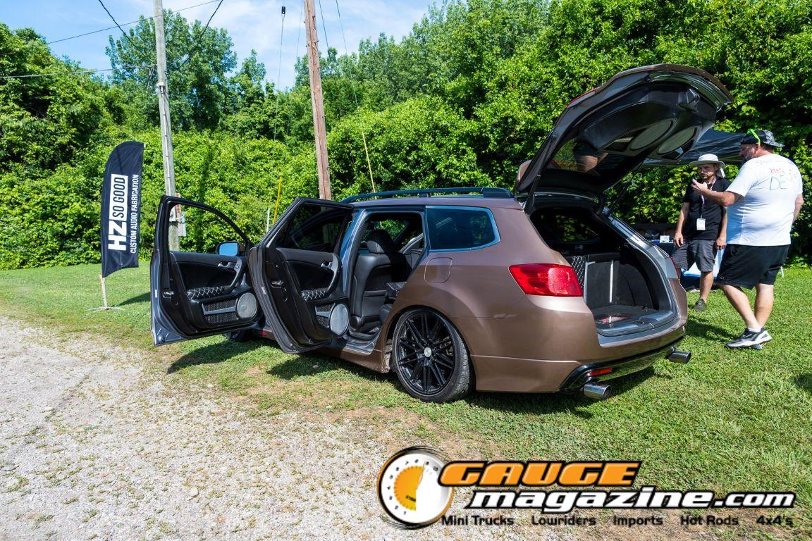 Car audio competitors demonstrate custom sound systems during Slamology 2026 Audio