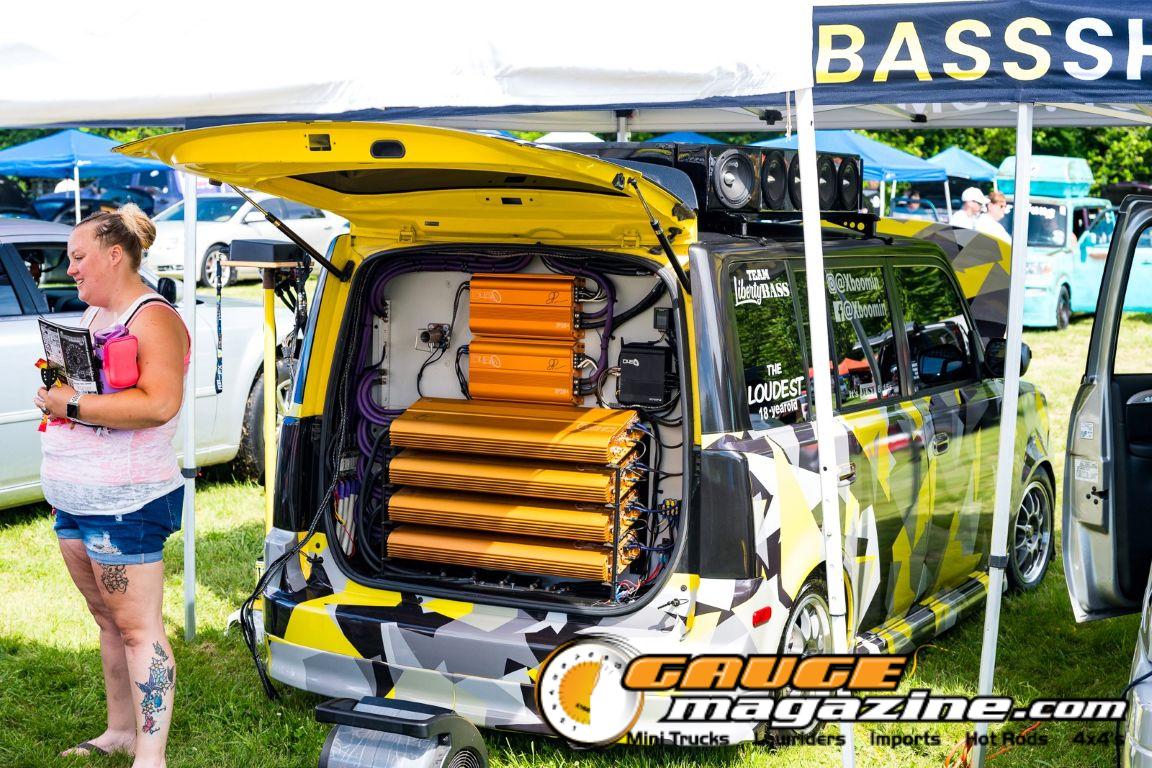 Car audio competitors demonstrate custom sound systems during Slamology 2026 Audio