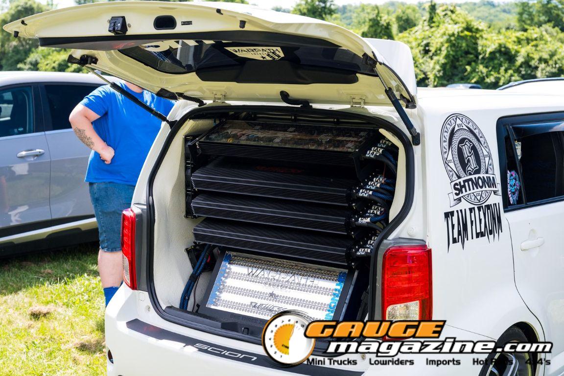 Car audio competitors demonstrate custom sound systems during Slamology 2026 Audio