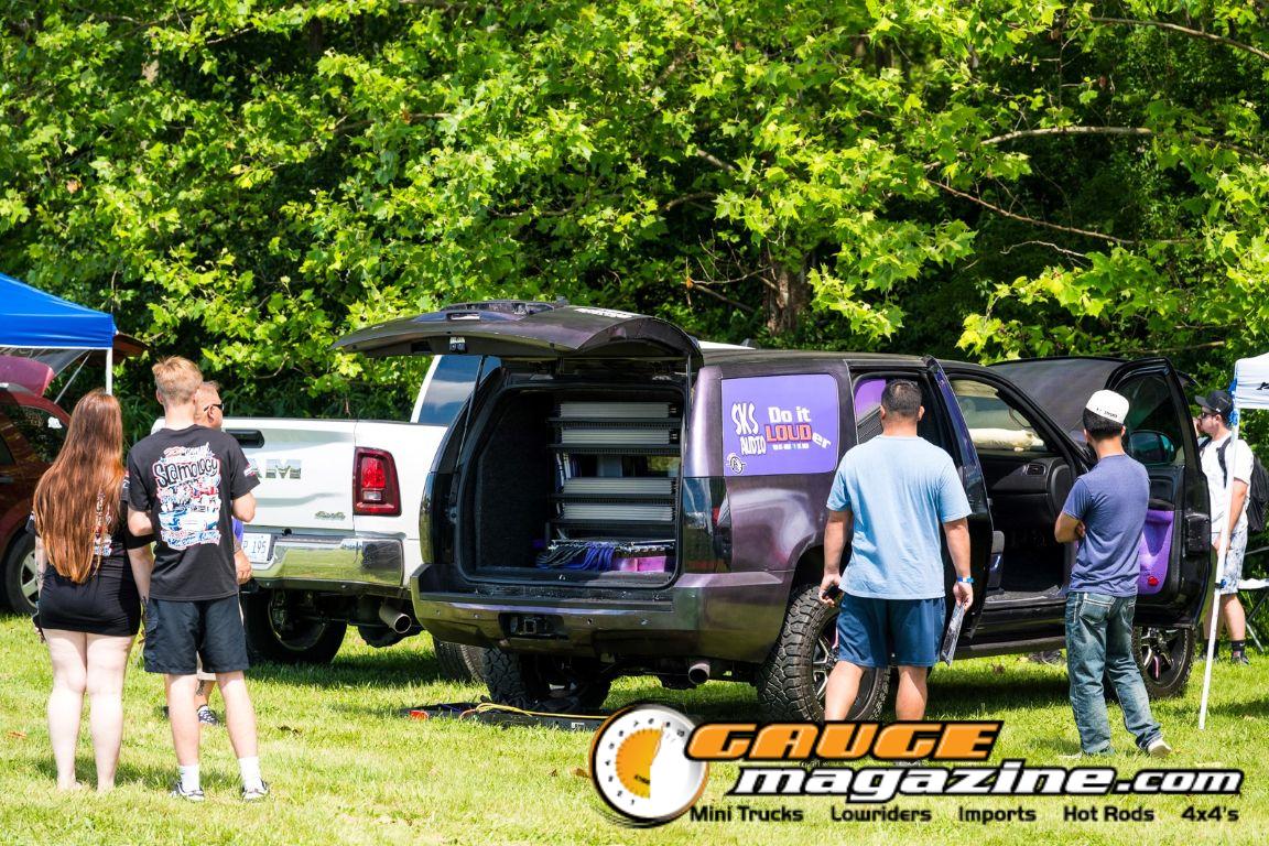 Car audio competitors demonstrate custom sound systems during Slamology 2026 Audio